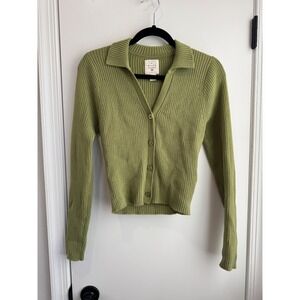 Billabong Womens Ribbed Knit Polo Cardigan Olive Green Button Up Sweater Large